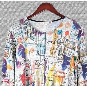 Jess & Jane Top XL "Bon Voyage" City Sketch Travel-Themed Mirage Pocket Artsy